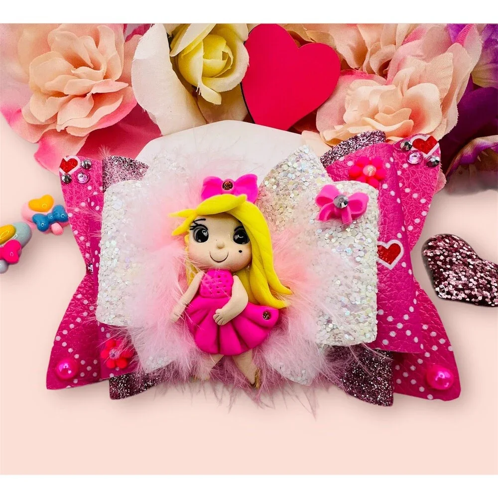 Cute Doll Clay Hair Bow Clips Pink for Girl Handmade